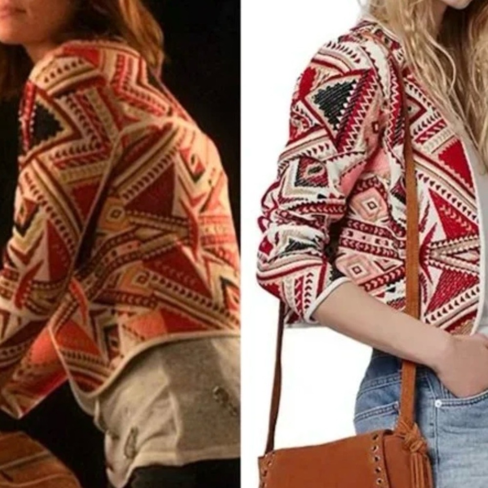 Topshop Embroidered Jacquard Aztec Blazer Jacket US 10 Pink Red Cream Blue - Picture 2 of 8